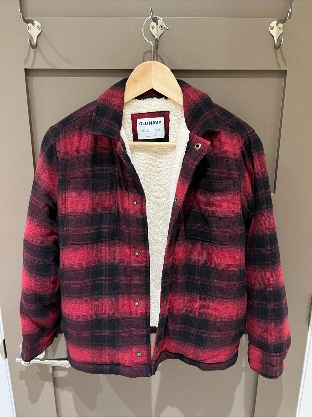 Old Navy Red & Black Plaid Sherpa-Lined Kids Jacket. L (10-12)